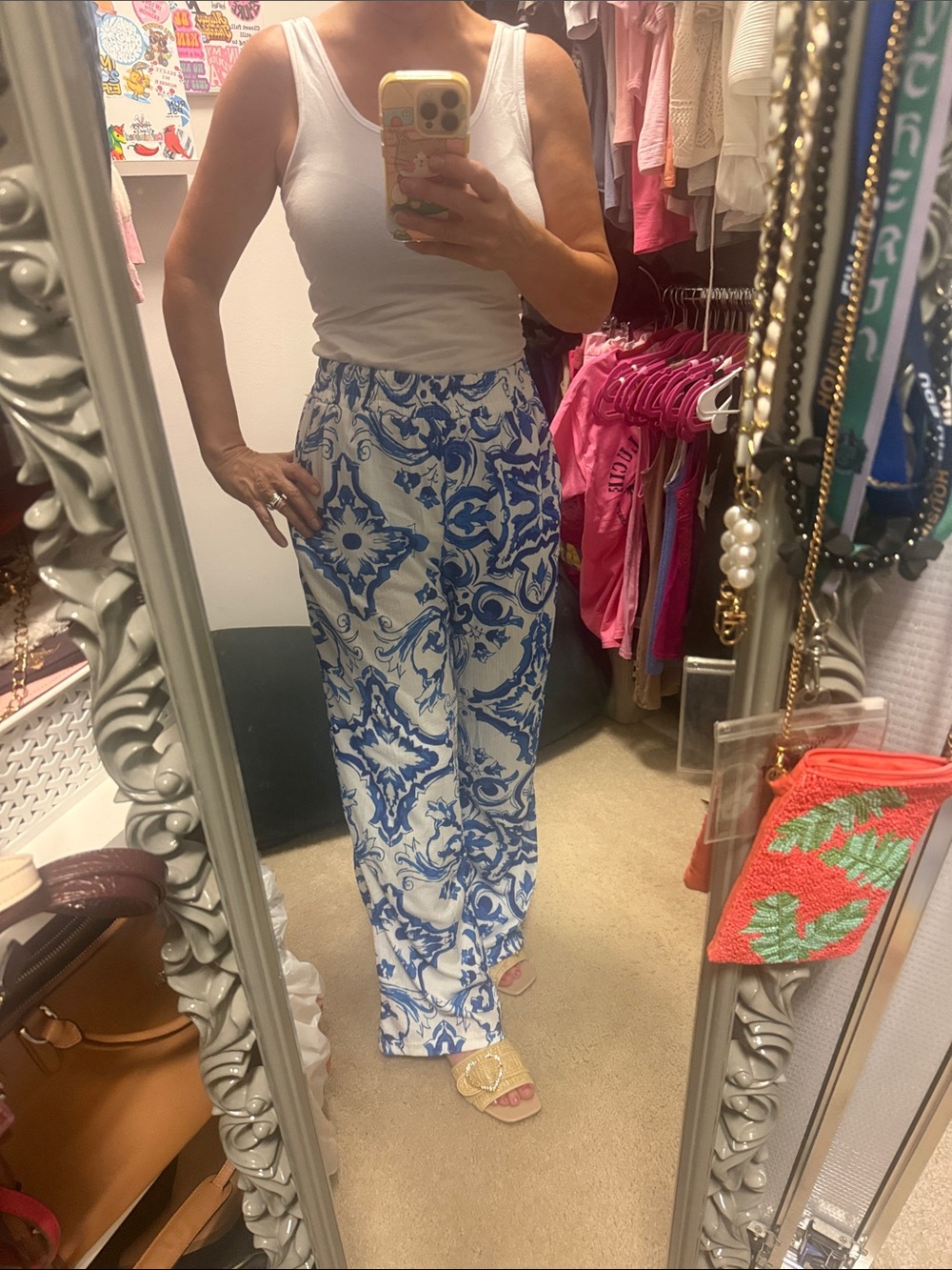 Printed Wide-Leg Women’s Pants in Blue and White